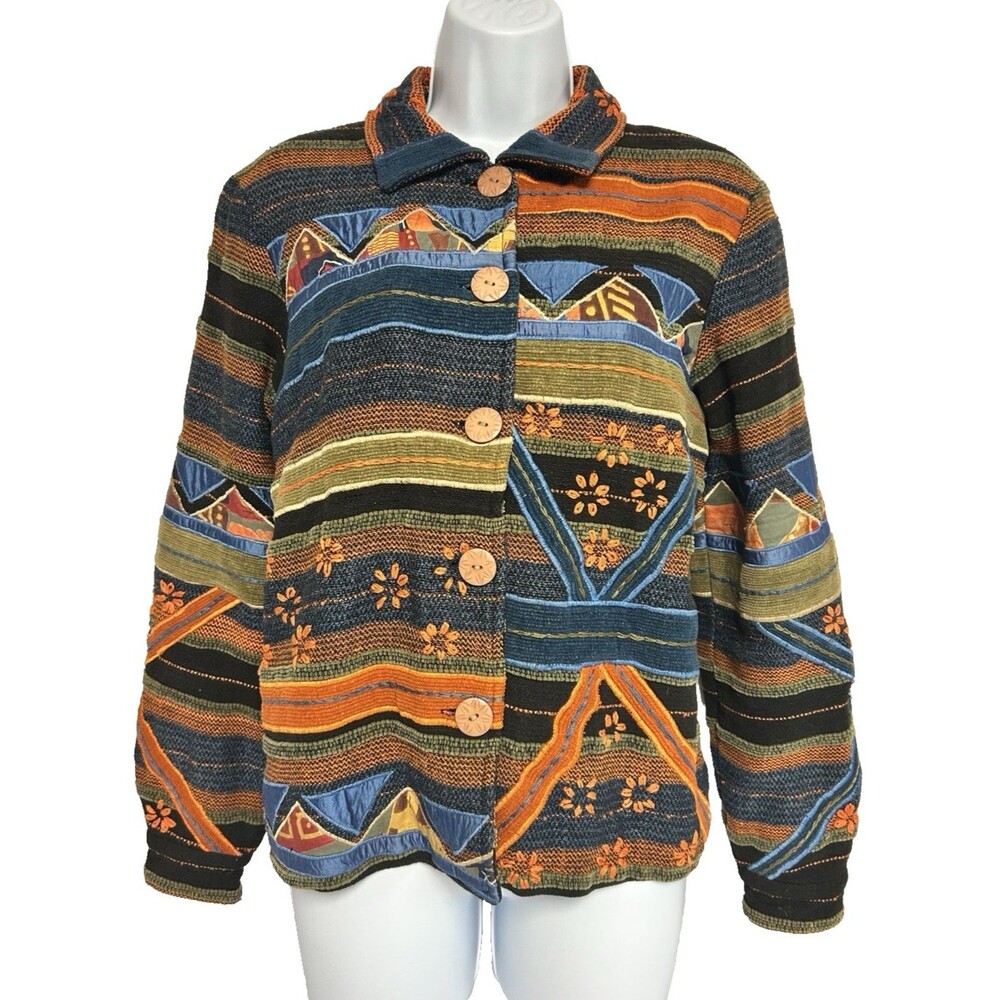 VTG Coldwater Creek Jacket Sz S Multicolor Cotton Twill Button Front Art to Wear